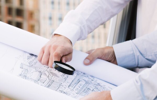 Deux hommes tiennent un plan d'architecture avec une loupe dans la main