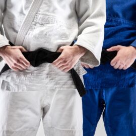 Deux hommes en tenue d'arts martiaux qui posent avec les mains sur leur ceinture noire. L'un habillé en blanc, l'autre en bleu.
